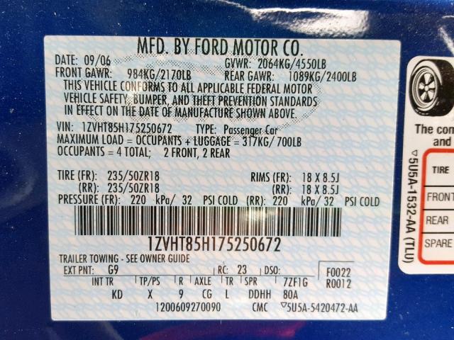 1ZVHT85H175250672 - 2007 FORD MUSTANG GT BLUE photo 10