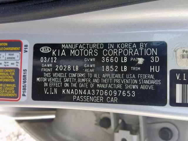 KNADN4A37D6097653 - 2013 KIA RIO EX SILVER photo 10