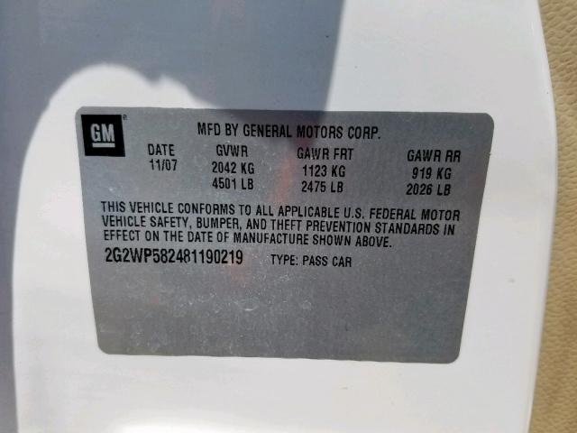 2G2WP582481190219 - 2008 PONTIAC GRAND PRIX WHITE photo 10