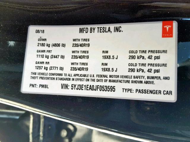 5YJ3E1EA0JF053595 - 2018 TESLA MODEL 3 BLACK photo 10