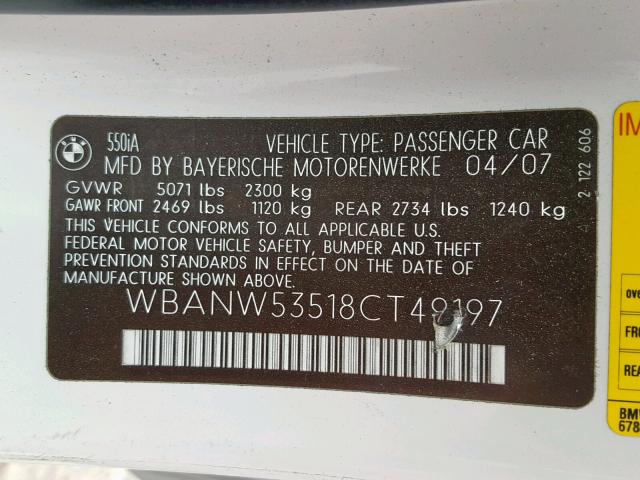 WBANW53518CT49197 - 2008 BMW 550 I WHITE photo 10