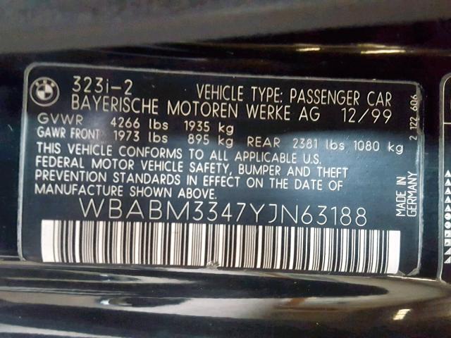 WBABM3347YJN63188 - 2000 BMW 323 CI BLACK photo 10