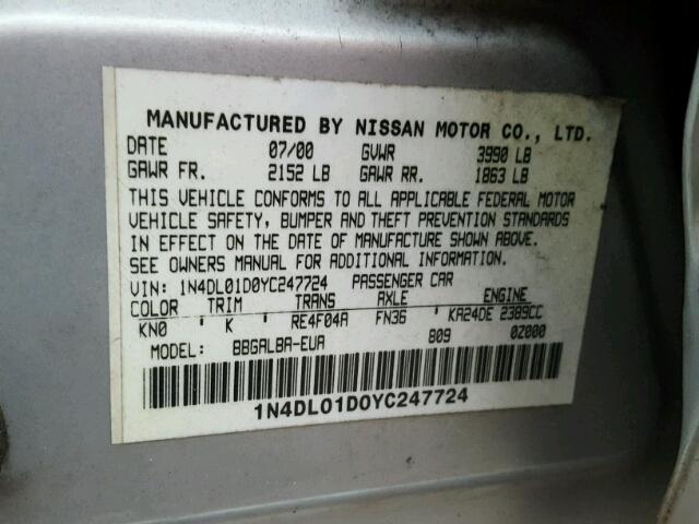 1N4DL01D0YC247724 - 2000 NISSAN ALTIMA XE SILVER photo 10