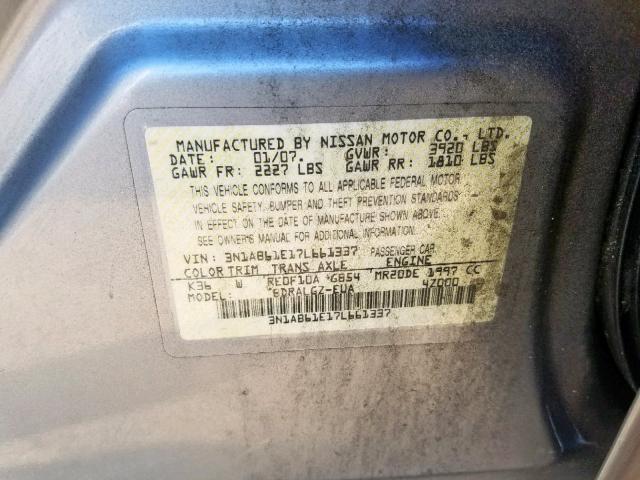 3N1AB61E17L661337 - 2007 NISSAN SENTRA 2.0 GRAY photo 10