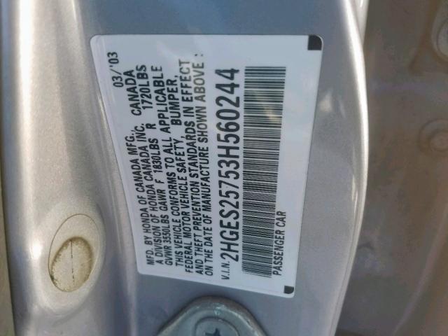 2HGES25753H560244 - 2003 HONDA CIVIC EX SILVER photo 10