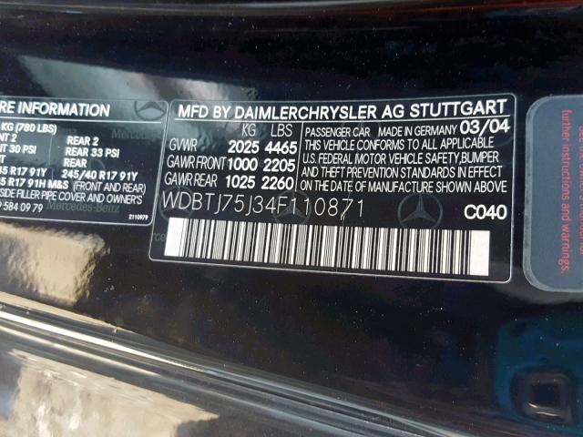 WDBTJ75J34F110871 - 2004 MERCEDES-BENZ CLK 500 BLACK photo 10