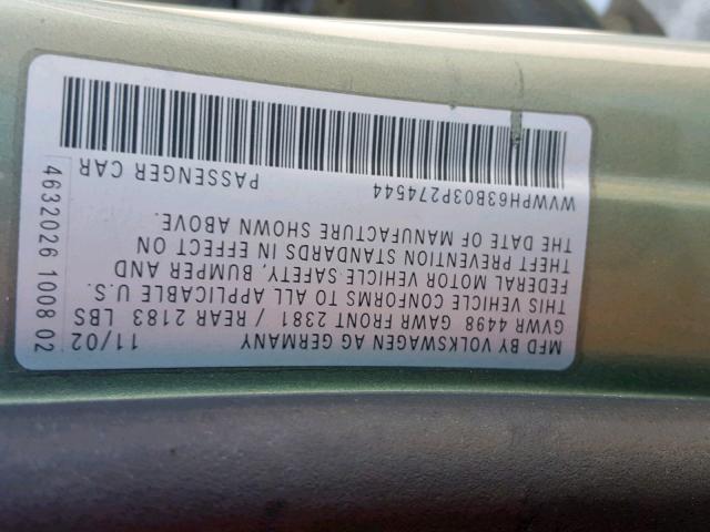 WVWPH63B03P274544 - 2003 VOLKSWAGEN PASSAT GLS GREEN photo 10