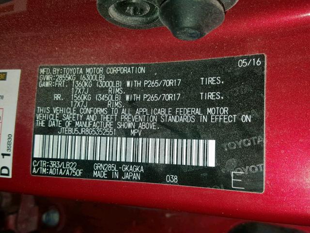 JTEBU5JR8G5352551 - 2016 TOYOTA 4RUNNER SR 红色 照片 10