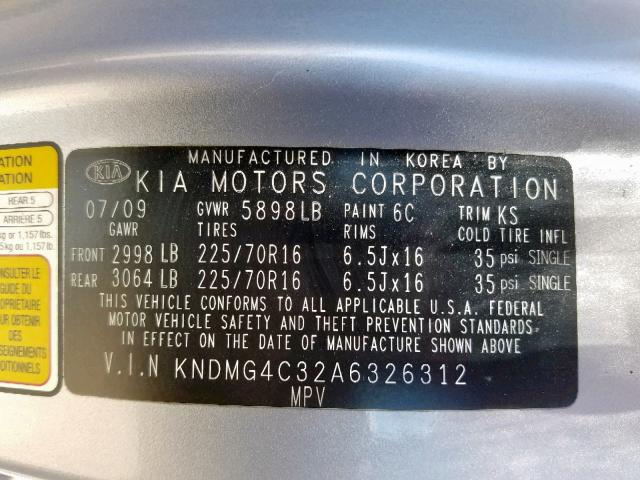 KNDMG4C32A6326312 - 2010 KIA SEDONA LX SILVER photo 10