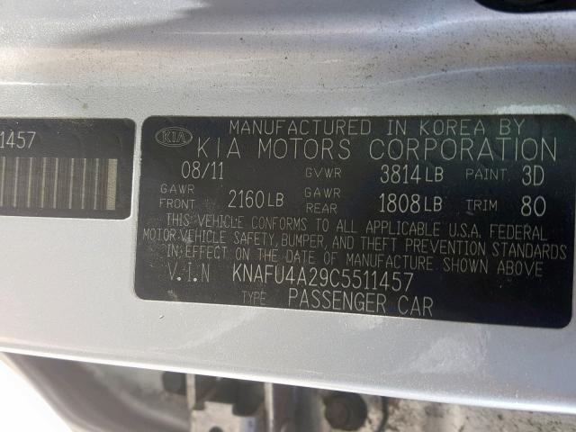 KNAFU4A29C5511457 - 2012 KIA FORTE EX SILVER photo 10