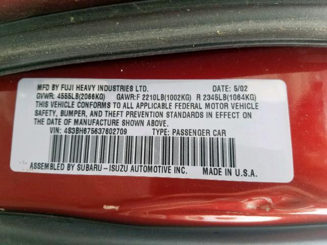 4S3BH675637602709 - 2003 SUBARU LEGACY OUT RED photo 10