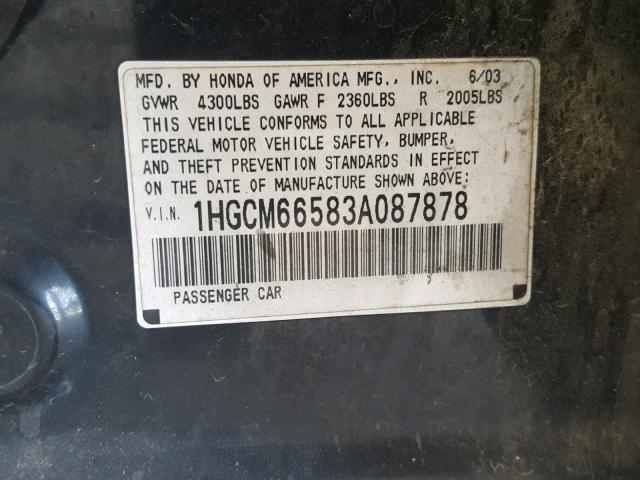 1HGCM66583A087878 - 2003 HONDA ACCORD BLACK photo 10