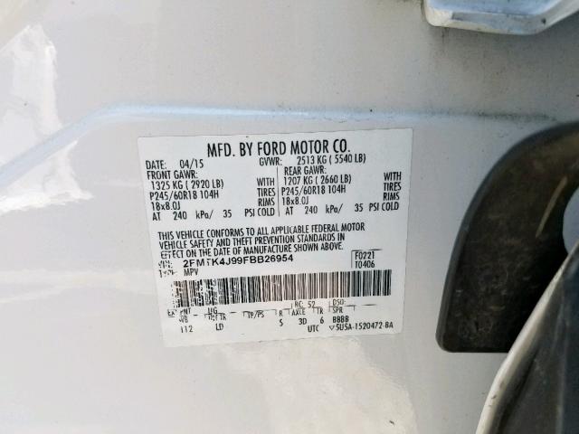 2FMTK4J99FBB26954 - 2015 FORD EDGE SEL WHITE photo 10