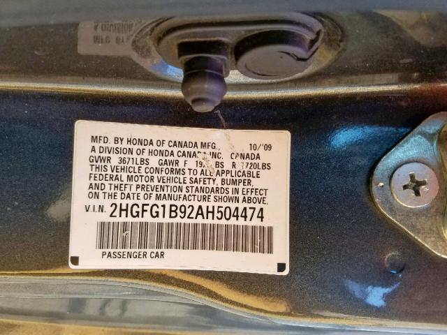 2HGFG1B92AH504474 - 2010 HONDA CIVIC EXL 黑色 照片 10