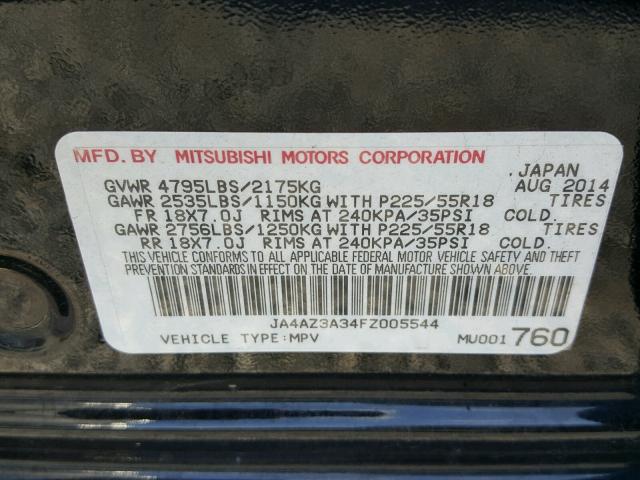 JA4AZ3A34FZ005544 - 2015 MITSUBISHI OUTLANDER BLACK photo 10