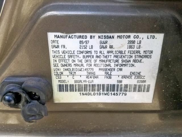 1N4DL01D1WC145779 - 1998 NISSAN ALTIMA XE BROWN photo 10