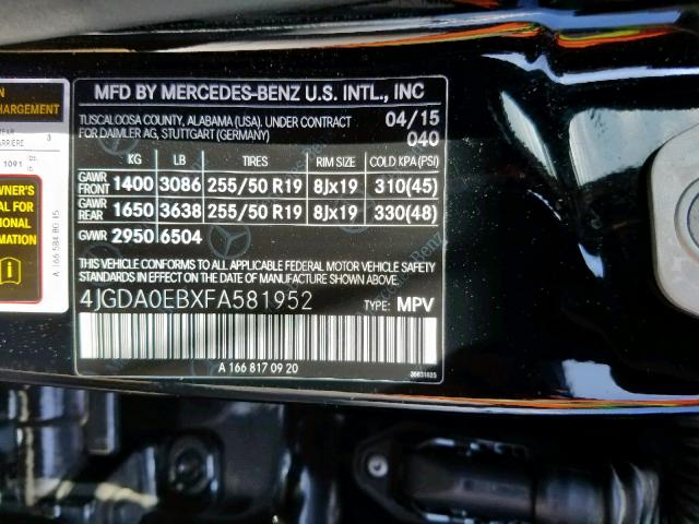 4JGDA0EBXFA581952 - 2015 MERCEDES-BENZ ML 250 BLU BLACK photo 10