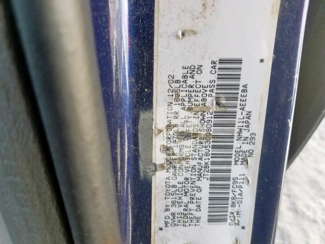 JT2BK18U530080912 - 2003 TOYOTA PRIUS BLUE photo 10