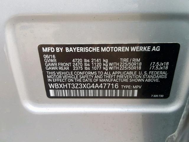 WBXHT3Z3XG4A47716 - 2016 BMW X1 XDRIVE2 SILVER photo 10