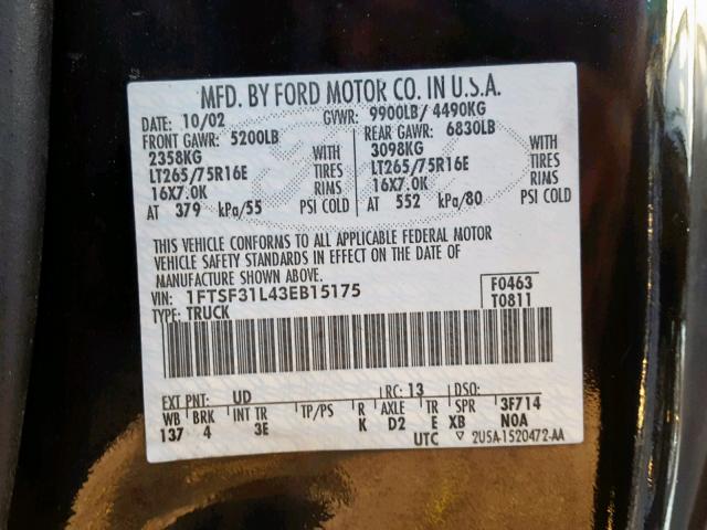 1FTSF31L43EB15175 - 2003 FORD F350 SRW S BLACK photo 10