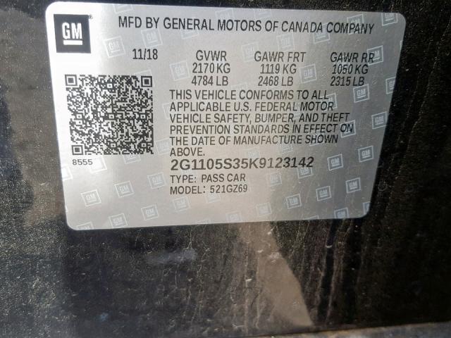 2G1105S35K9123142 - 2019 CHEVROLET IMPALA PRE BLACK photo 10