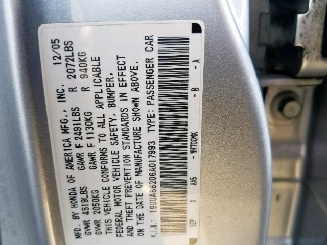 19UUA66206A017993 - 2006 ACURA 3.2TL SILVER photo 10