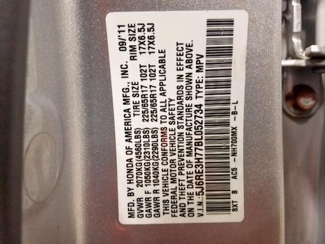 5J6RE3H77BL052734 - 2011 HONDA CR-V EXL SILVER photo 10