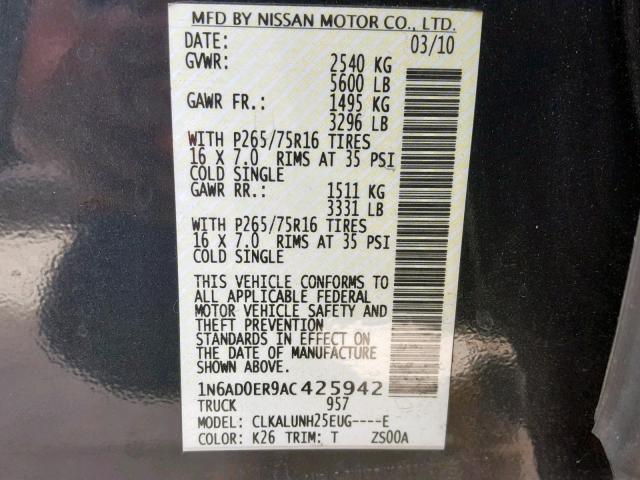 1N6AD0ER9AC425942 - 2010 NISSAN FRONTIER C GRAY photo 10