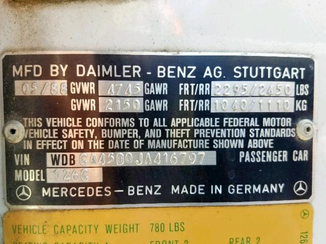 WDBCA45D0JA416797 - 1988 MERCEDES-BENZ 560 SEC WHITE photo 10