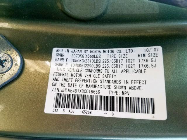 JHLRE487X8C016656 - 2008 HONDA CR-V EXL GREEN photo 10