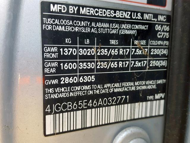 4JGCB65E46A032771 - 2006 MERCEDES-BENZ R 350 SILVER photo 10