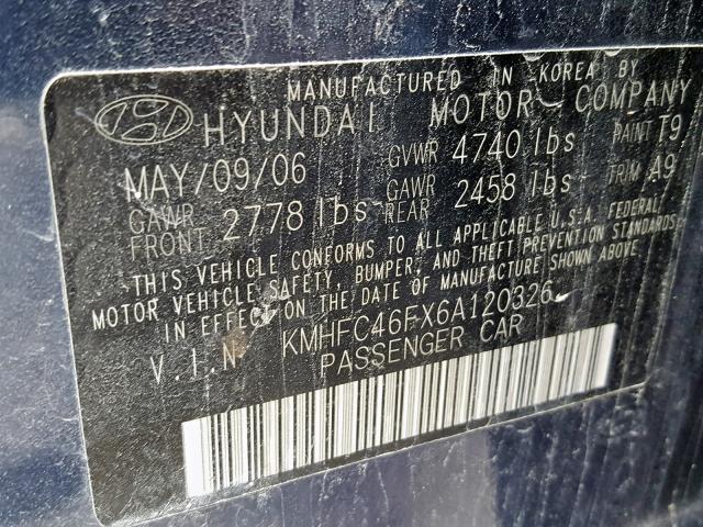 KMHFC46FX6A120326 - 2006 HYUNDAI AZERA SE BLUE photo 10