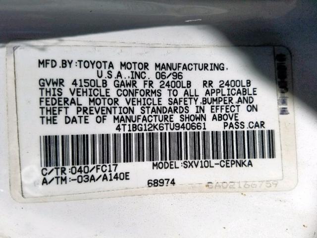 4T1BG12K6TU940661 - 1996 TOYOTA CAMRY DX WHITE photo 10