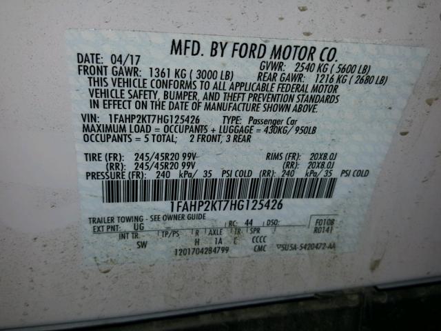 1FAHP2KT7HG125426 - 2017 FORD TAURUS SHO WHITE photo 10