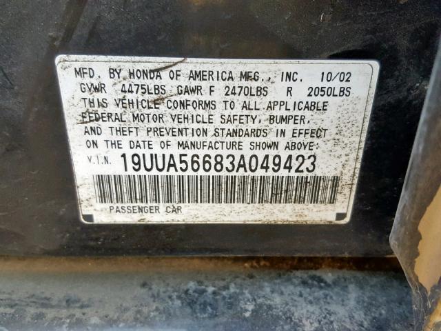 19UUA56683A049423 - 2003 ACURA 3.2TL BLACK photo 10