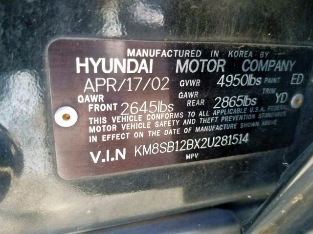 KM8SB12BX2U281514 - 2002 HYUNDAI SANTA FE G BLACK photo 10