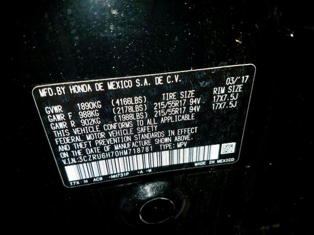 3CZRU6H70HM718781 - 2017 HONDA HR-V EXL BLACK photo 10