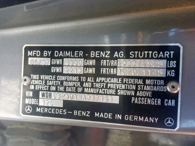 WDBCB25DXNA347161 - 1987 MERCEDES-BENZ 300 SDL GRAY photo 10