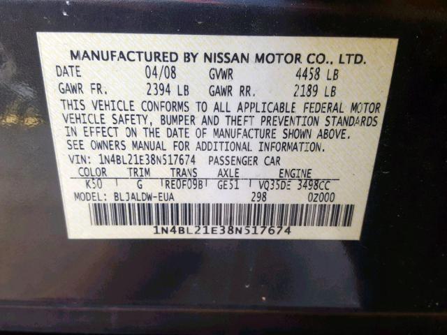 1N4BL21E38N517674 - 2008 NISSAN ALTIMA 3.5 GRAY photo 10