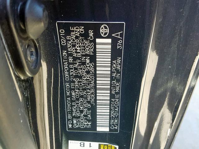 JTKDE3B78A0315895 - 2010 TOYOTA SCION TC შავი ფოტო 10