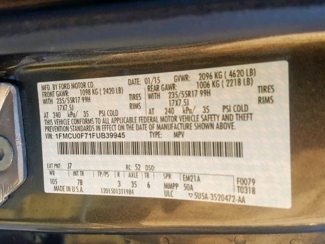 1FMCU0F71FUB39945 - 2015 FORD ESCAPE S GRAY photo 10