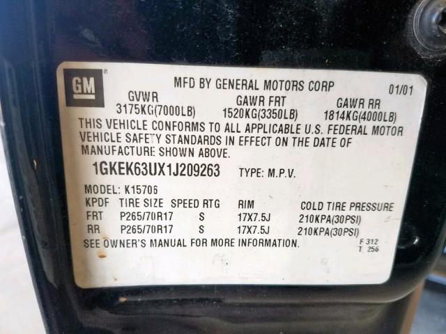 1GKEK63UX1J209263 - 2001 GMC DENALI BLACK photo 10