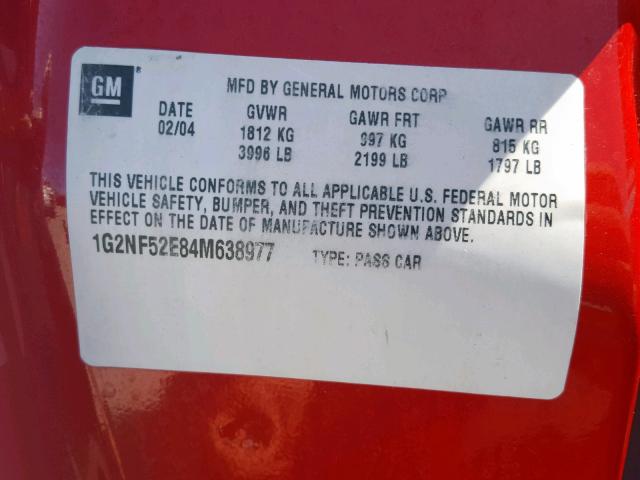 1G2NF52E84M638977 - 2004 PONTIAC GRAND AM S RED photo 10