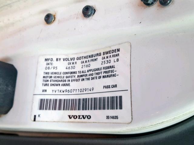 YV1KW9607T1029149 - 1996 VOLVO 960 WHITE photo 10