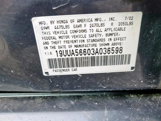 19UUA56603A036598 - 2003 ACURA 3.2TL GRAY photo 10