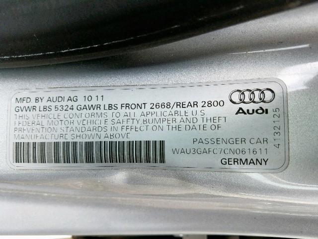 WAU3GAFC7CN061611 - 2012 AUDI A7 PRESTIG SILVER photo 10