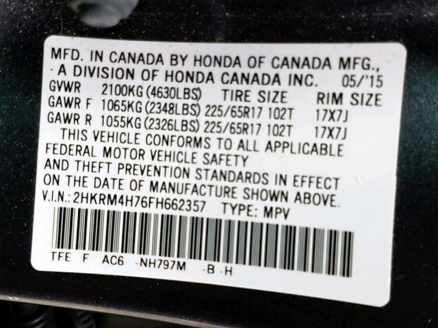 2HKRM4H76FH662357 - 2015 HONDA CR-V EXL GRAY photo 10