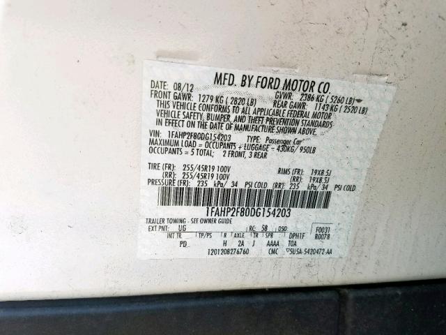 1FAHP2F80DG154203 - 2013 FORD TAURUS LIM WHITE photo 10