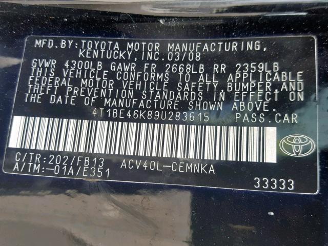 4T1BE46K89U283615 - 2009 TOYOTA CAMRY BASE BLACK photo 10