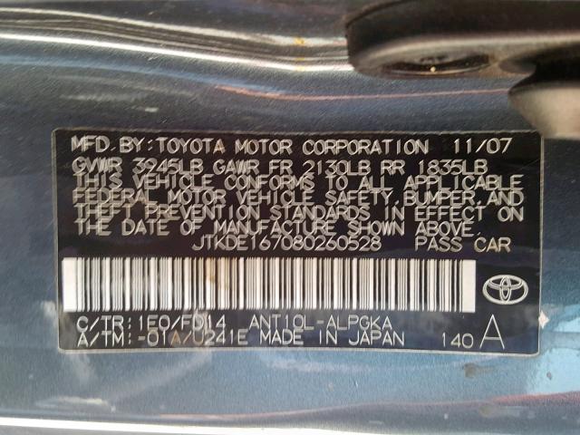 JTKDE167080260528 - 2008 SCION TC GRAY photo 10